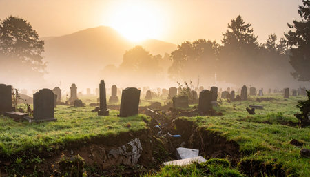 Golden light of a new day breaks through the morning mist, illuminating the silent tombstones of an ancient, peaceful graveyard.の素材