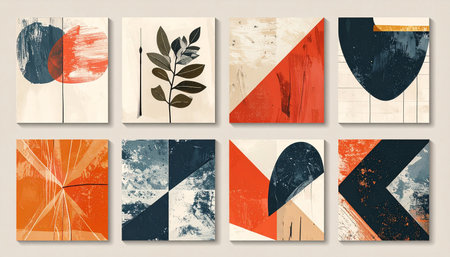 A curated collection of eight modern abstract artworks, blending organic botanical silhouettes with bold geometric forms.の素材