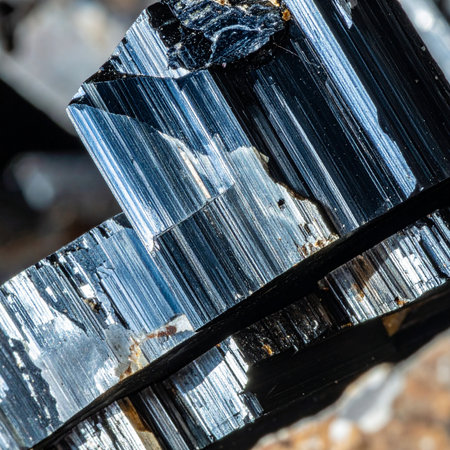 A detailed macro view captures the raw, striated texture of a black tourmaline crystal.の素材