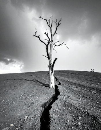 A solitary, leafless tree stands as a stark silhouette against a dramatic, cloudy sky.の素材
