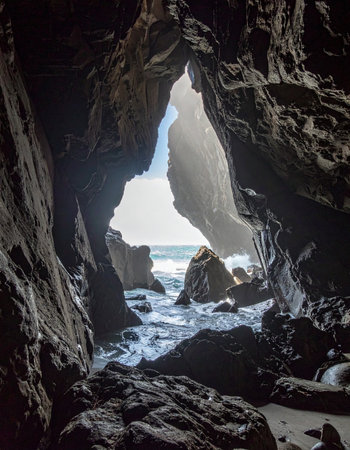 From the cool, dark interior of a rugged sea cave, a stunning view of the bright, sunlit ocean is framed by ancient rock formations.の素材