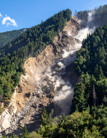 A massive cloud of dust and debris erupts as a powerful landslide carves a destructive path down a steep, forested mountainside.の素材