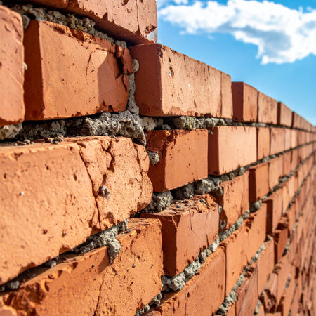 A low-angle view captures the construction of a new brick wall, its strong lines stretching towards a hopeful blue sky.の素材