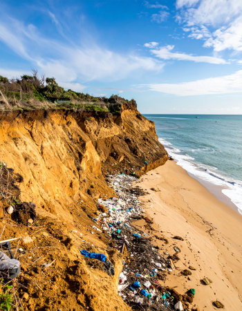 A shocking accumulation of plastic waste and garbage spills from a coastal cliff onto a once-pristine sandy beach.の素材