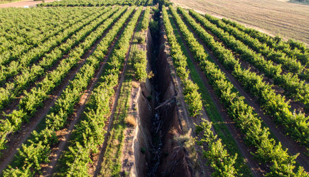 From a high aerial perspective, neat rows of a lush banana plantation stretch towards the horizon, bathed in the warm glow of the sun.の素材