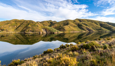A moment of perfect stillness as rolling, sun-kissed hills cast a flawless reflection onto the glassy surface of a secluded lake.の素材