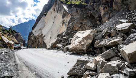 A massive landslide has completely blocked a treacherous mountain pass, with huge boulders and rock debris making the road impassable.の素材