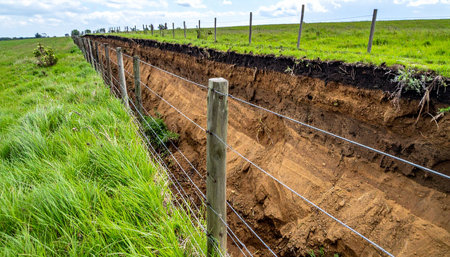 A deep earthen trench cuts a sharp line through a vibrant green pasture, stretching towards the horizon.の素材