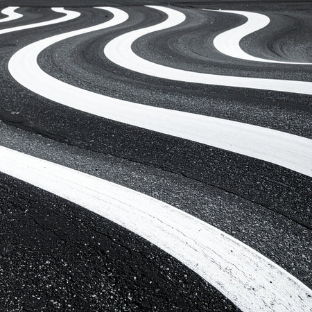 Thick white lines curve and undulate across the dark, textured asphalt, creating a mesmerizing and abstract pattern.の素材