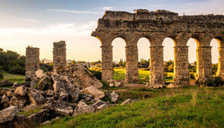 As the sun sets over the Roman countryside, its golden light bathes the ancient aqueduct ruins in a warm glow.の素材