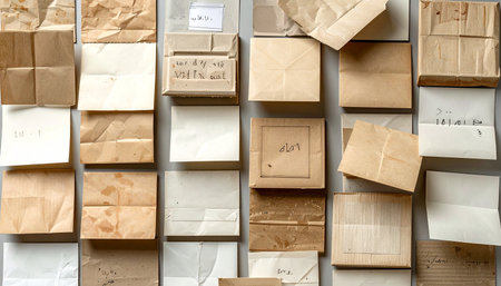 A top-down view of a meticulously arranged collection of vintage papers and aged envelopes.の素材