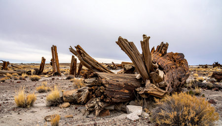 Witness the silent remnants of a prehistoric era. Massive petrified tree trunks lie scattered across an arid, desolate landscape, their wooden forms turned to stone over millions of years.の素材