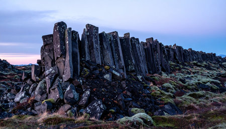 A wall of ancient basalt columns stands silhouetted against the soft pastel hues of a twilight sky in Iceland.の素材