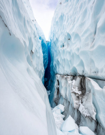 A breathtaking view into the heart of a glacier, where ancient ice glows with an intense, deep blue light.の素材