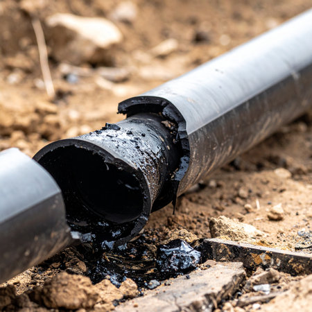 A close-up view captures the critical failure of an underground drainage pipe.の素材