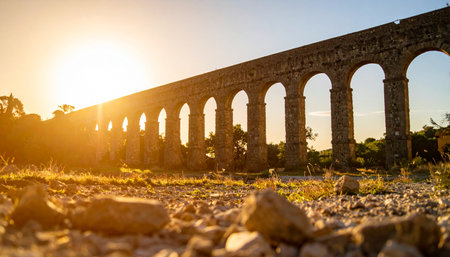 As the sun dips below the horizon, its golden rays illuminate the timeless arches of an ancient Roman aqueduct.の素材