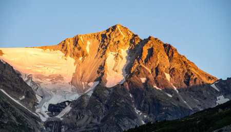 The first rays of dawn kiss the rugged summit, setting the snow and rock ablaze with a warm, golden light.の素材