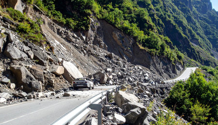 A massive landslide has completely blocked a winding mountain highway, with huge boulders and debris strewn across the asphalt.の素材
