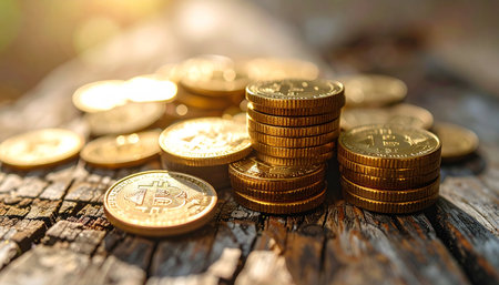 Warm, golden sunlight illuminates stacks of shiny coins resting on a weathered, rustic wooden plank.の素材