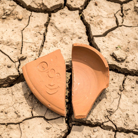 A broken piece of terracotta pottery, once whole and cheerful with a smiling face, now lies separated on the dry, cracked earth.の素材