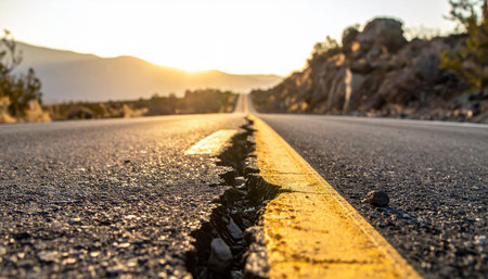 A low-angle view of a cracked yellow line on an asphalt highway stretching towards a golden sunset.の素材