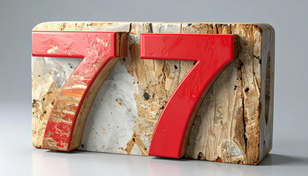 A bold red number seventy-seven stands out against the richly textured surface of a weathered wooden block.の素材