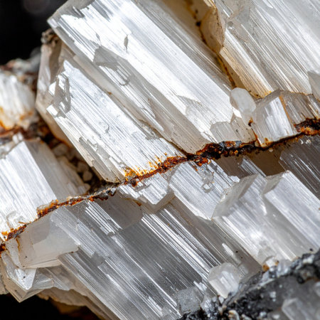 A detailed macro photograph captures the intricate, blade-like structure of a raw selenite crystal.の素材