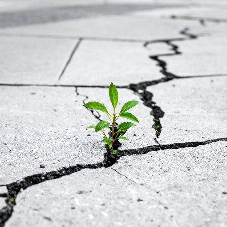 Against all odds, a tiny green sprout emerges from a deep crack in the cold, hard concrete.の素材