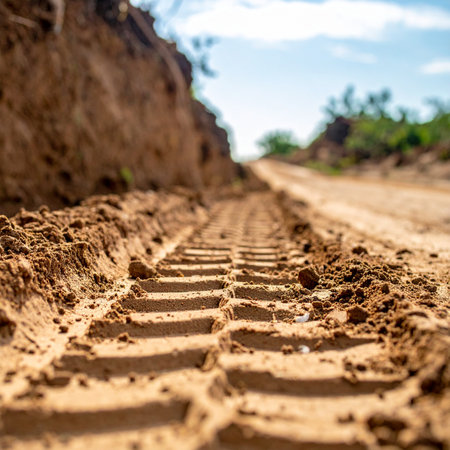 A low-angle, close-up view captures the deep impression of a heavy vehicle's tire track on a muddy, unpaved road.の素材