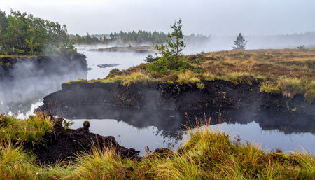 Early morning mist gently rises from the dark, still waters of a vast peat bog.の素材