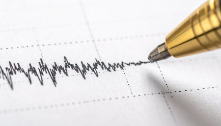 A close-up view captures the critical moment as a seismograph's needle meticulously records the earth's tremors.の素材