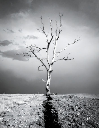In a stark, monochrome world, a single, lifeless tree stands as a silent monument in the deeply cracked earth.の素材