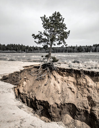 A solitary pine tree tenaciously clings to life, its roots exposed as the earth crumbles away beneath it.の素材