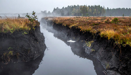 A gentle mist hangs over a still waterway cutting through the rich, earthy tones of a peat bog.の素材