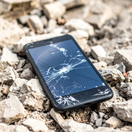A close-up of a modern smartphone with a completely shattered screen, discarded amongst a pile of rocks and rubble.の素材