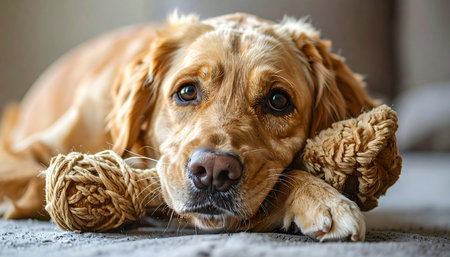 A beautiful golden Cocker Spaniel lies on a carpeted floor, its head resting on its paws.の素材