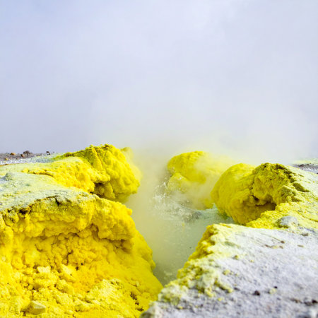 A close-up view captures the raw power of the earth as hot, sulfuric steam billows from a geothermal vent.の素材