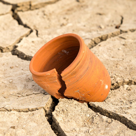 A single, broken terracotta pot lies abandoned on the parched, cracked earth, a poignant symbol of drought, scarcity, and environmental hardship.の素材
