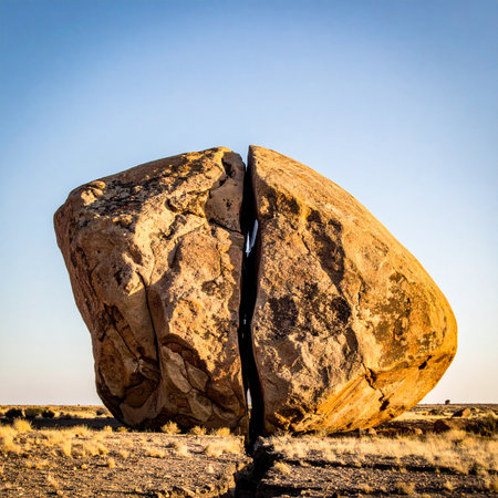 In the warm glow of a desert sunset, a massive boulder stands perfectly cleaved in two.の素材