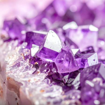 A stunning macro photograph capturing the intricate details and vibrant purple hues of a natural amethyst geode.の素材