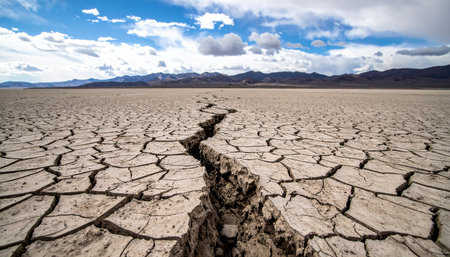 A deep fissure cuts through a vast, sun-scorched playa, its cracked surface stretching towards distant mountains.の素材