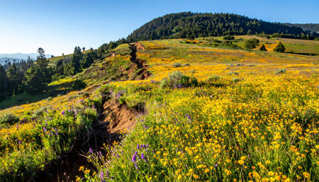 A sun-drenched mountain hillside bursts with a vibrant carpet of yellow wildflowers under a clear blue sky.の素材