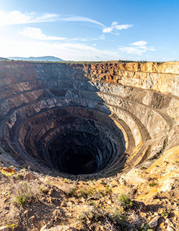 A breathtaking view into the depths of a massive open-pit mine, its terraced walls descending into shadow.の素材