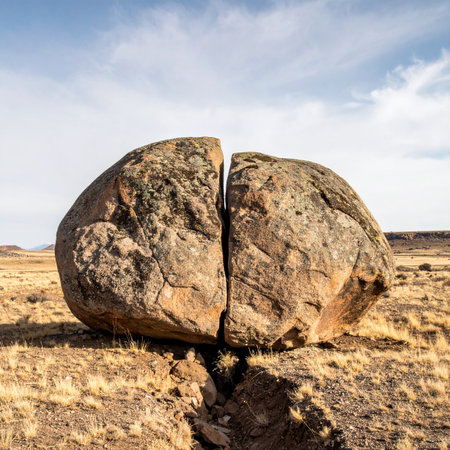A colossal boulder rests in a vast, arid field, cleaved perfectly in two by an unseen force of nature.の素材