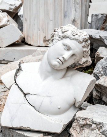 A weathered marble bust, a remnant of a bygone era, rests among the ruins of its former home.の素材