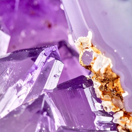 An extreme close-up reveals the hidden world within a raw amethyst geode.の素材