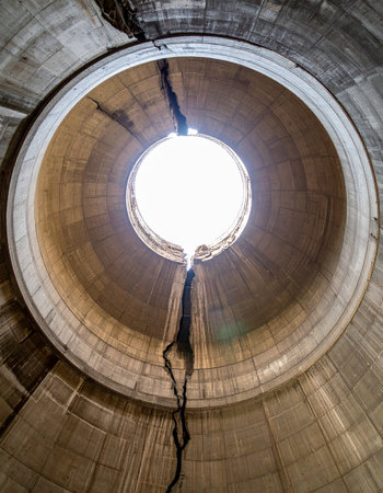 Looking up from within an old, weathered stone dome, a bright oculus opens to the sky.の素材