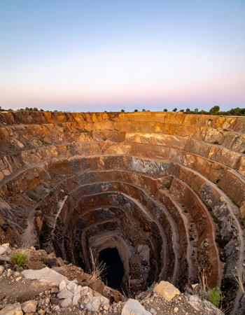 As the sun sets, casting a warm glow over the horizon, the immense scale of a terraced open-pit mine is revealed.の素材