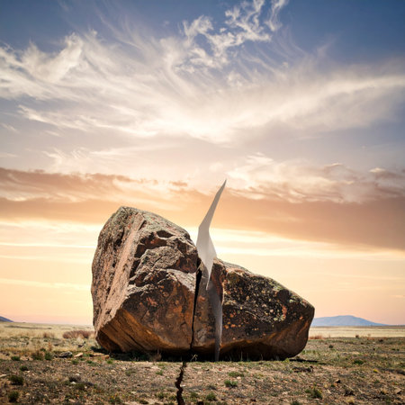 In a vast, silent landscape under a dramatic sky, an impossible event has occurred.の素材