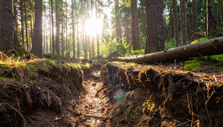 Golden morning sunlight streams through a dense, ancient forest, illuminating the remnants of a historic trench.の素材